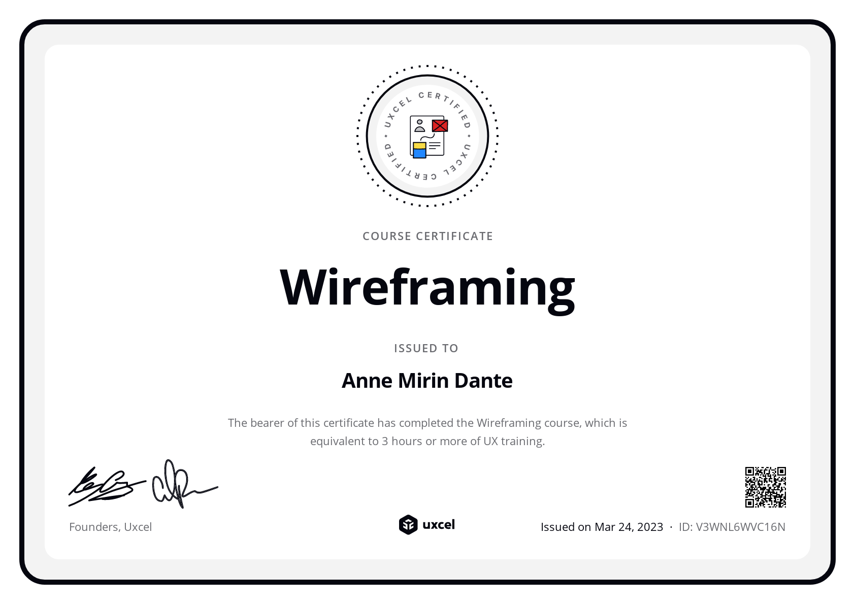 Anne Mirin Dante's certificate